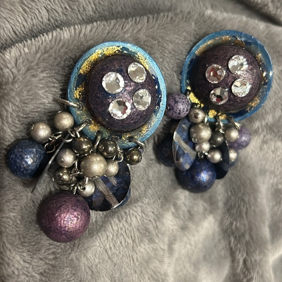 Vintage IKARAMI Denim Hues & Crystals Earrings-Boutique - Picture 2 of 8